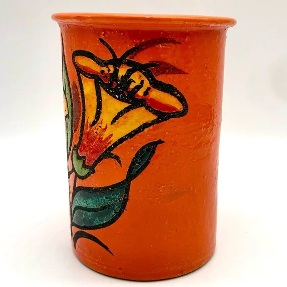 Italian Pottery Wine Crock Vase Atomic Orange Textured Lava Lily Flower Italy